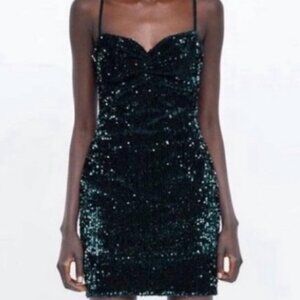 Zara Basic Dark Green Emerald Sequin Mini Dress Size Small